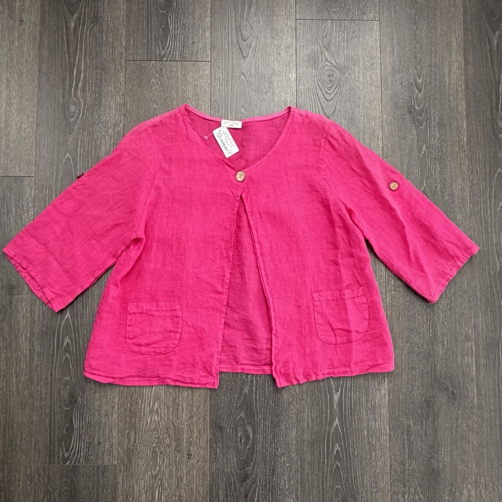 Linen Pink Cardigan Made In Italy Sz L/XL Roll Tab Sleeve Preppy Feminine Resort